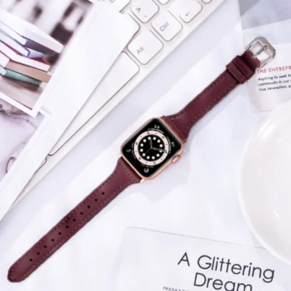 NEW[BAND] Slim WINE RED Strap Leather For Apple Watch